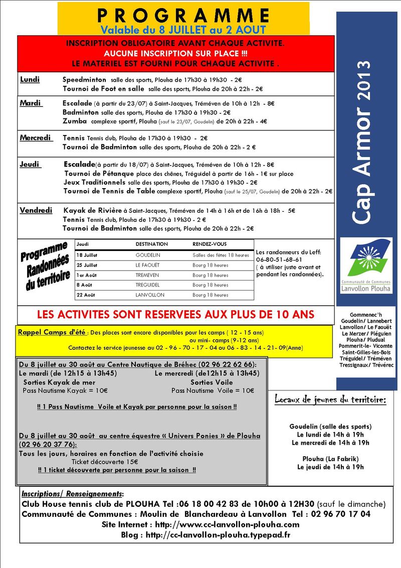 Programme cap armor du 8 juillet au 2 aout 2013